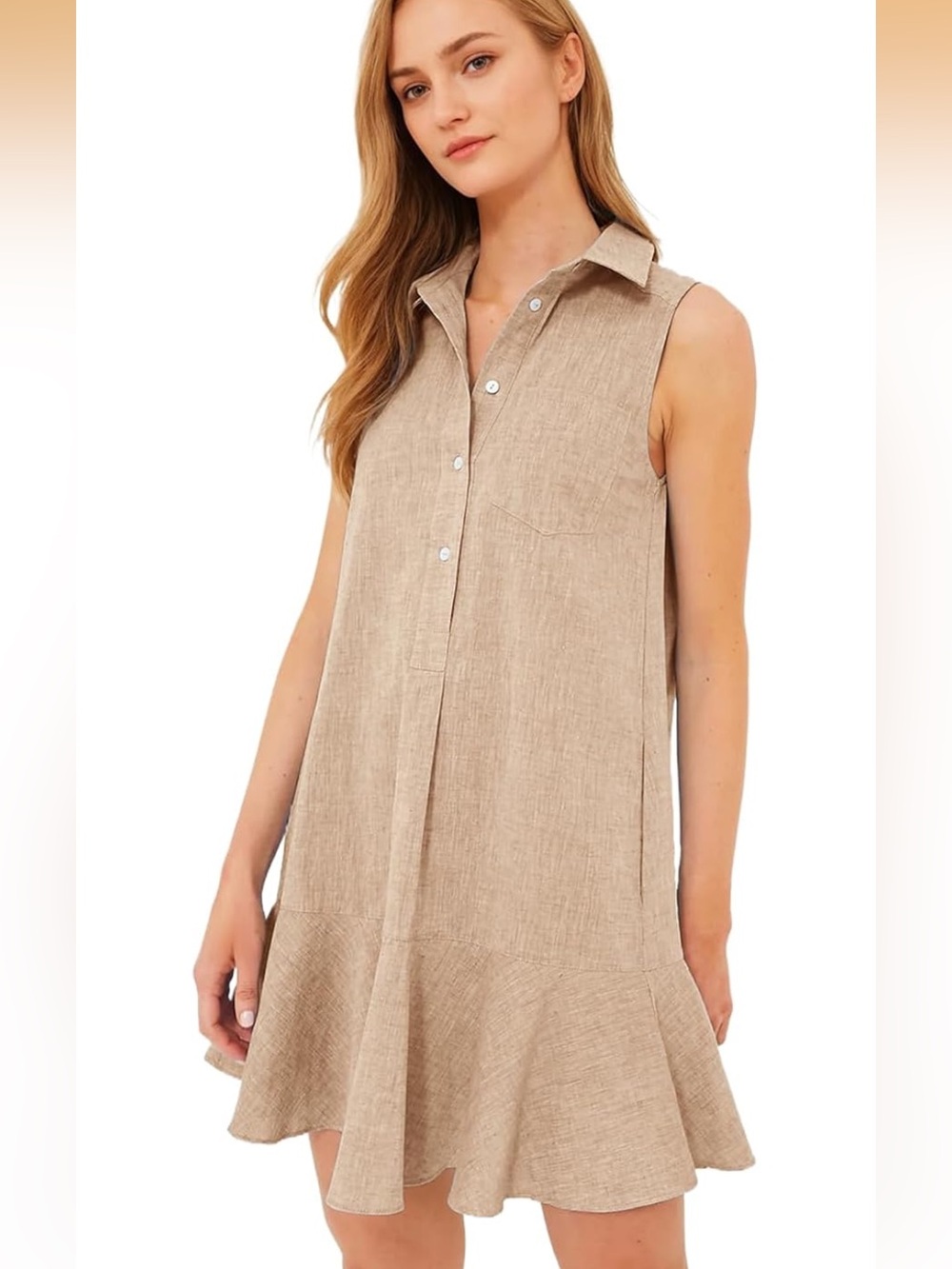 Sleeveless Linen-Blend Ruffle Hem Dress - Beige